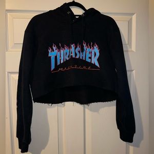 black, blue, red flame supreme cropped hoodie